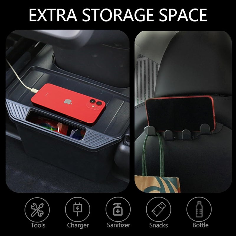 AZGaea 2PCS Rear Center Console Organizer for Tesla Model Y Accessories 2020-2024, Under Seat Storage Box with Hook, TPE Garbage Bin with Anti-Slip Lid Cover Compatible with Tesla 2nd Row Seat - Image 2